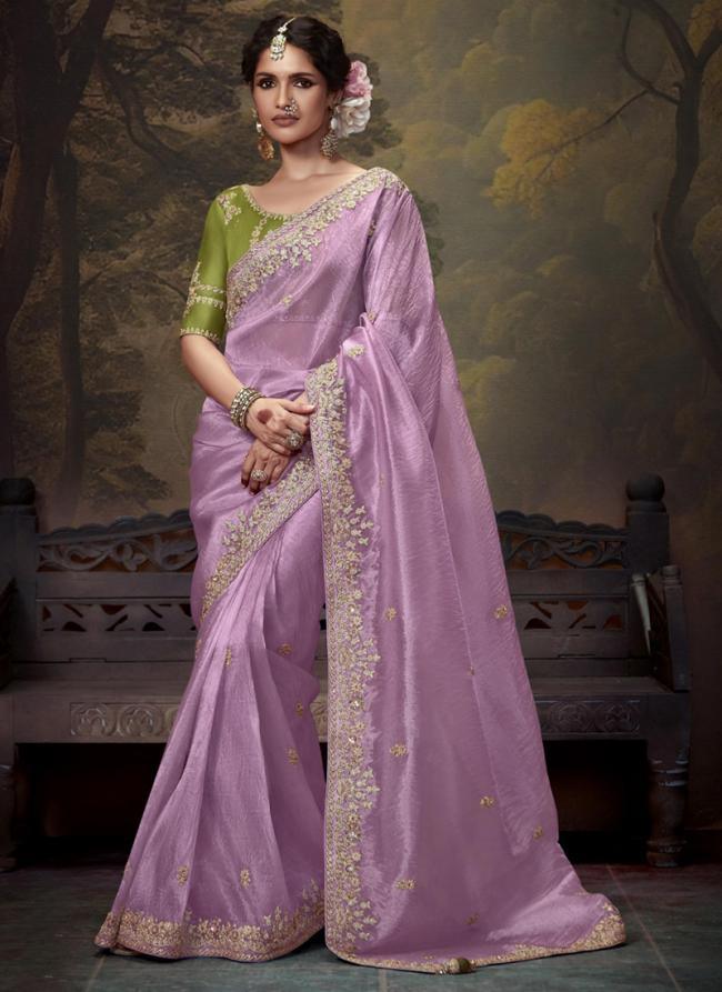 Fancy Lilac Party Wear Embroidery Work Saree